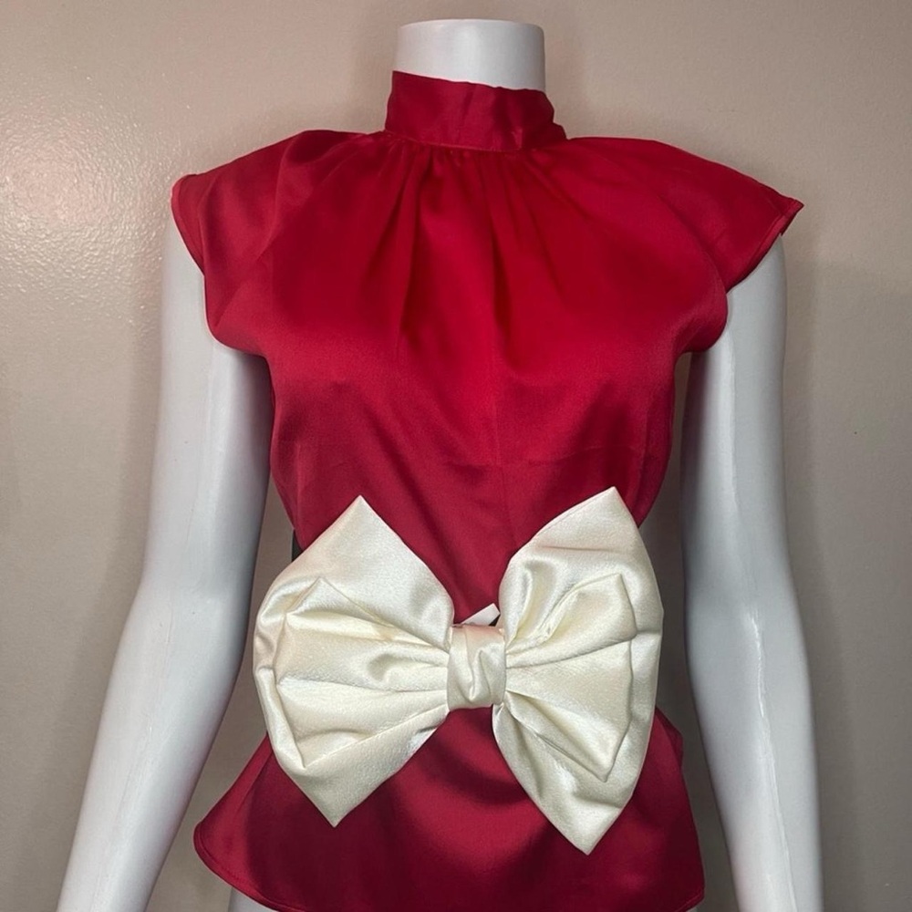 Black wide elastic waistband belt with ivory satin bow